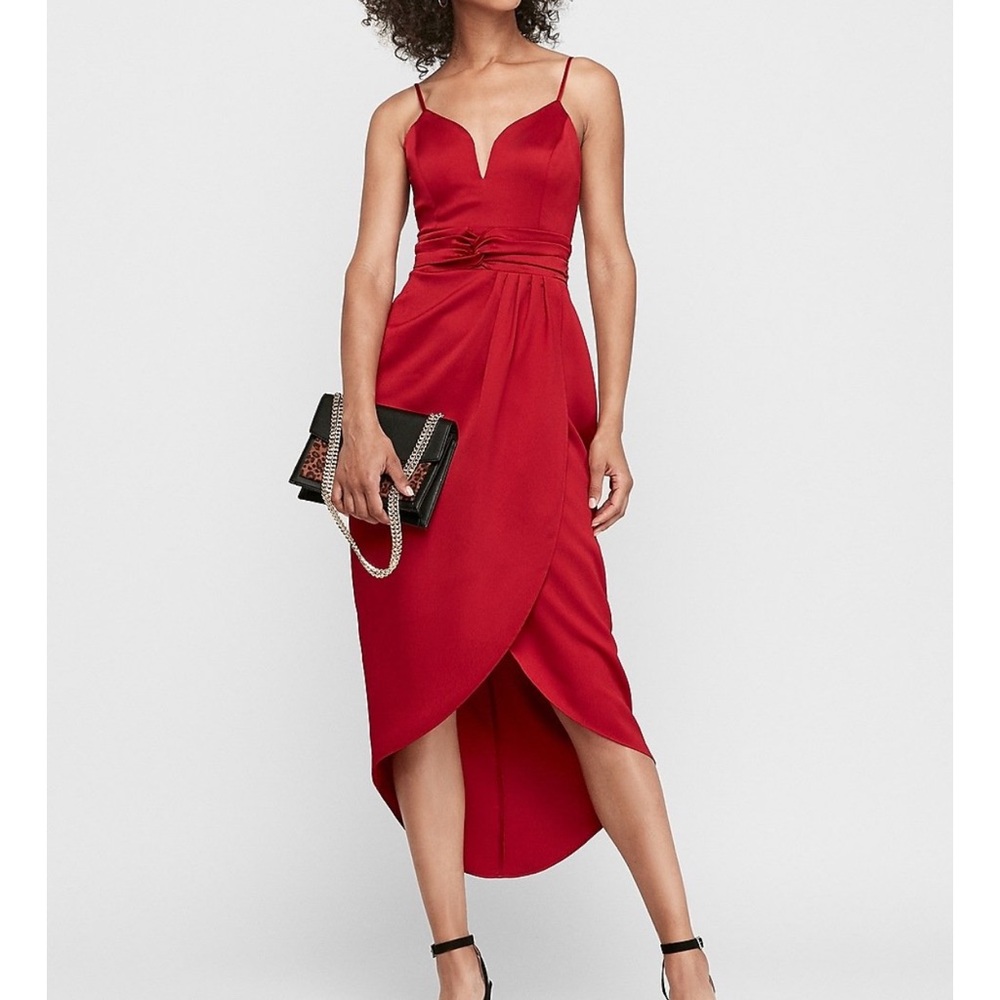 EXPRESS SATIN KNOT WRAP HI-LO RED MIDI DRESS